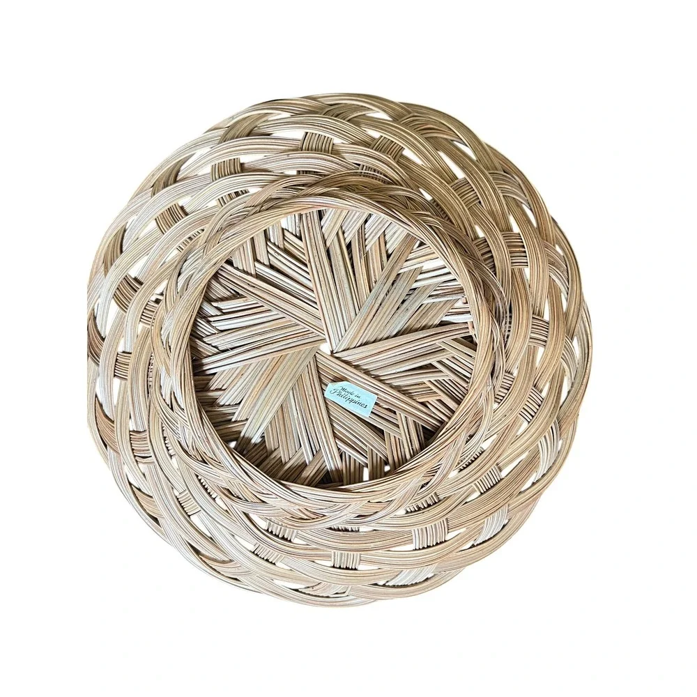 Vtg Woven Rattan Wicker Basket Set 2 Round Boho‎ Hand Made in Philippines Tan